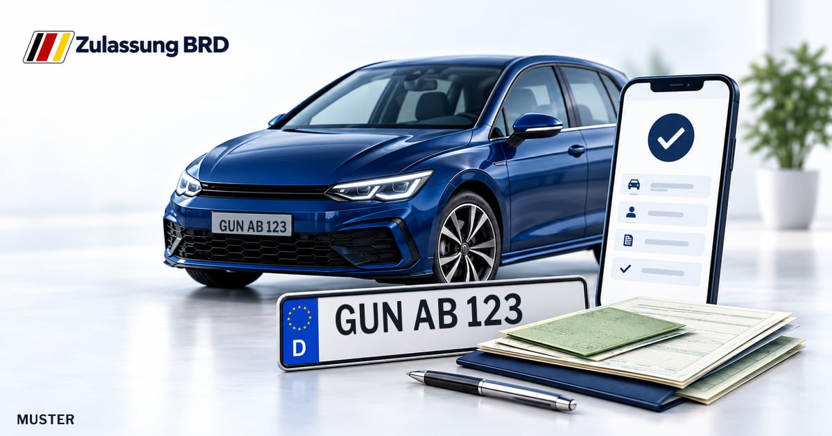 Online Fahrzeugzulassung in Gunzenhausen: Musterkennzeichen GUN AB 123, Auto und Fahrzeugpapiere und Smartphone. Illustration mit Logo von Zulassung BRD.
